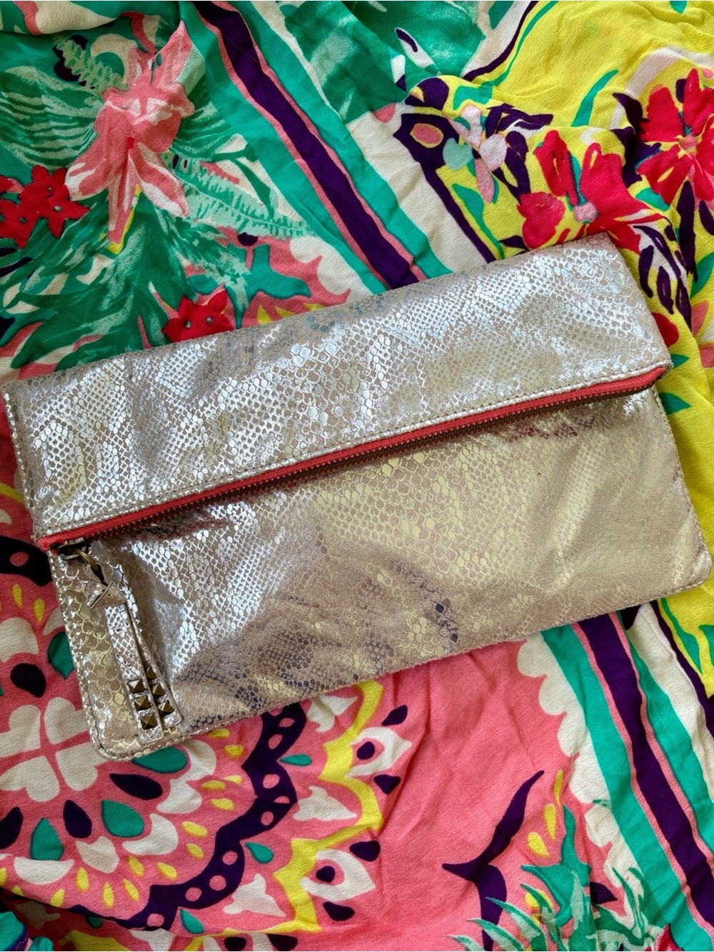 American Eagle Metallic Snakeskin Foldover Clutch Magnetic Snap Close Coral Zip